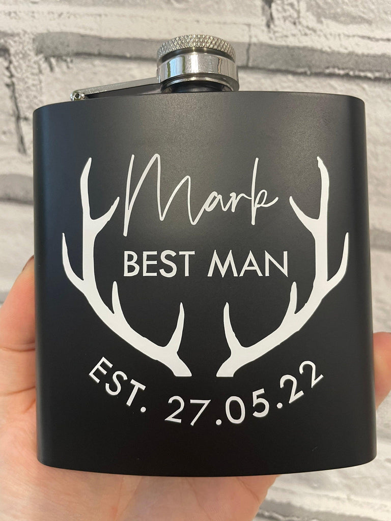 Best Man Groomsman Groom Hip Flask Black Stag Gift Whisky - Thea Elizabeth Studio Ltd