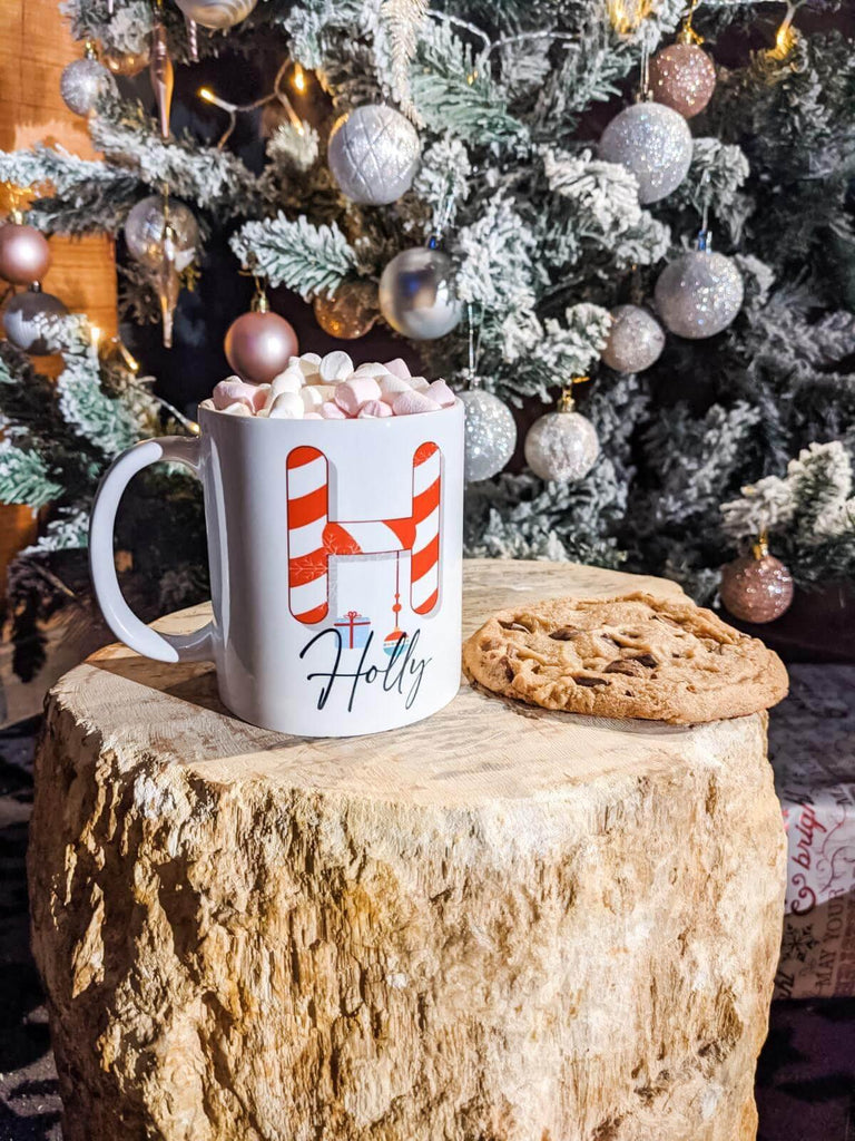 Christmas Candy Cane Initial Mug - Personalised - Thea Elizabeth Studio Ltd