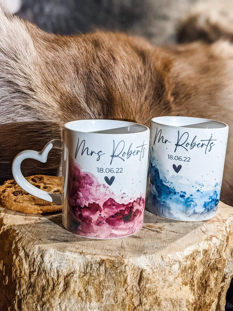 Mr & Mrs Personalised Mug Set Pink & Blue - Thea Elizabeth Studio Ltd